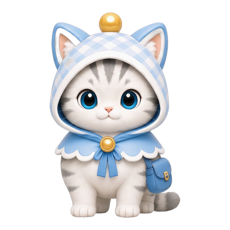 Lumi, a small white-and-grey tabby cat in a blue gingham hood with a travel bag